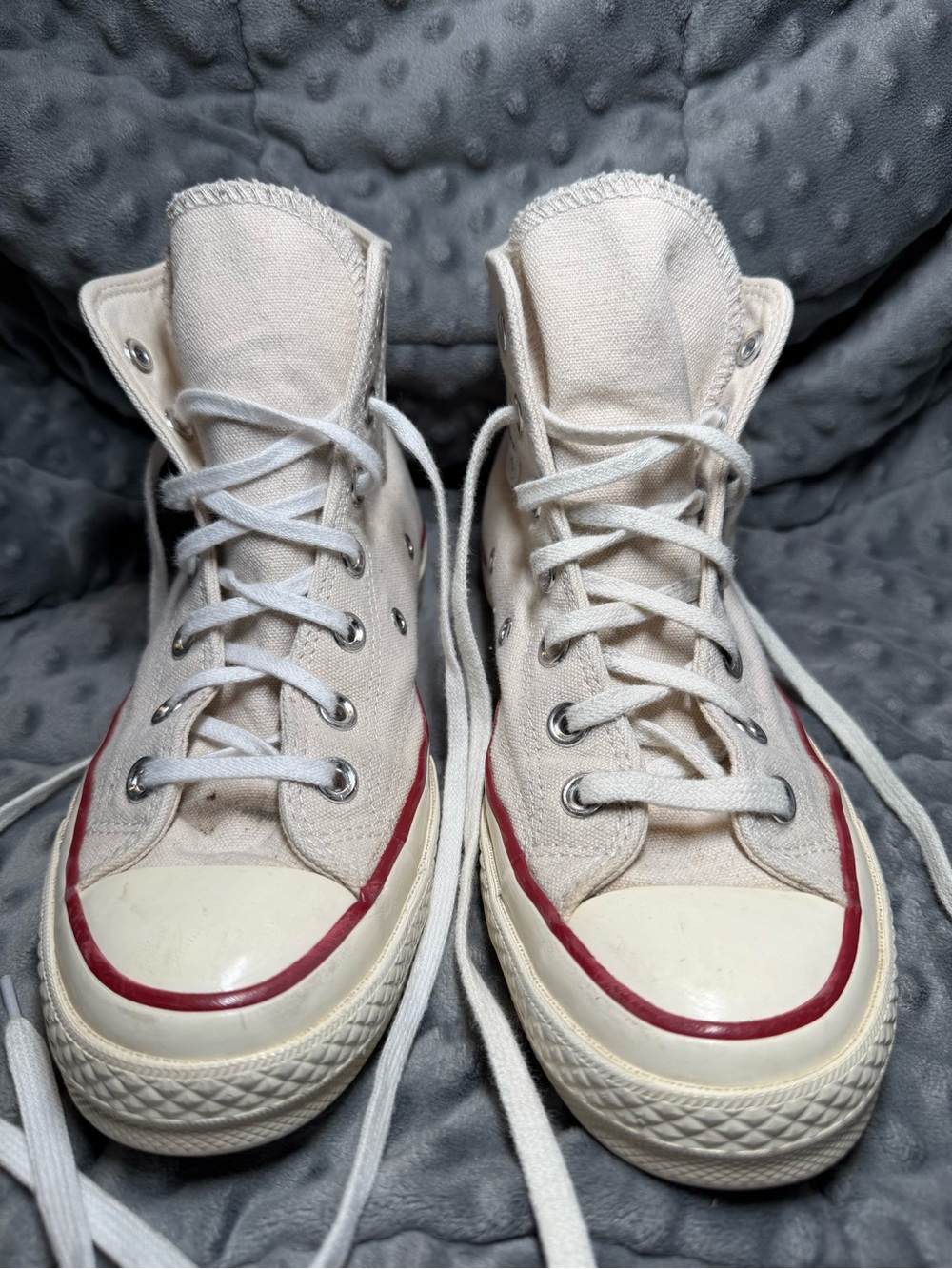 Converse High-Top Canvas Sneakers in Off-White with Red Stripe